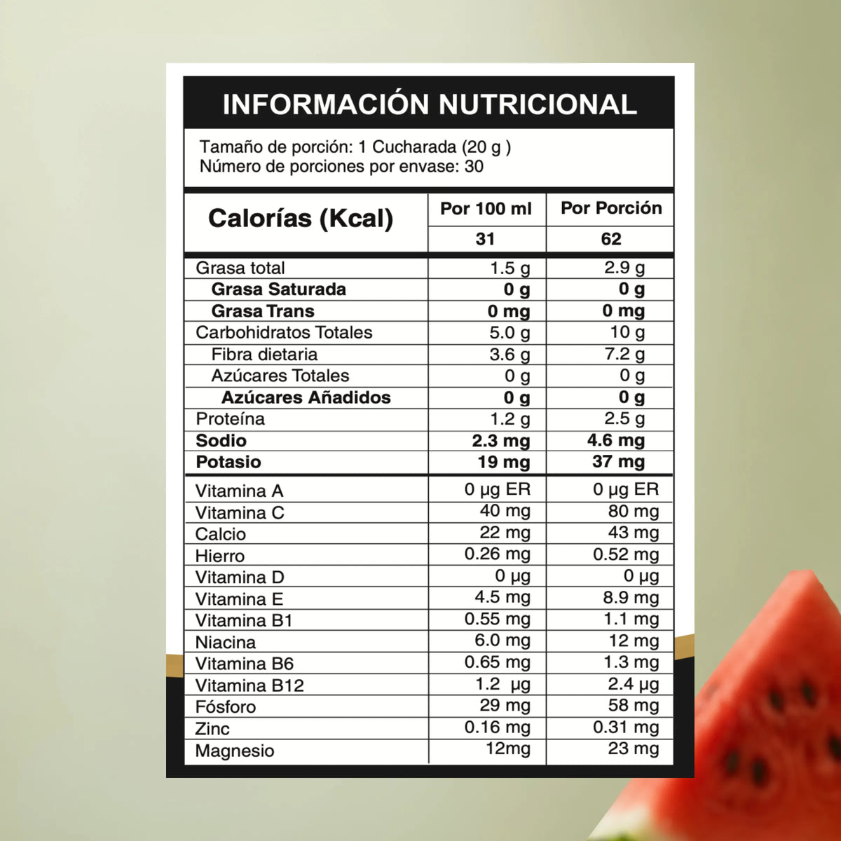 Información nutricional del Batido Verde + Fibra Lumara